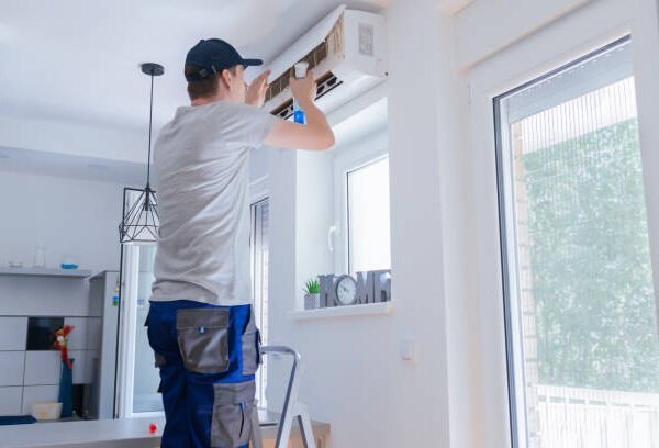 A man conducts emergency repairs on a home air conditioner, ensuring it functions properly.
