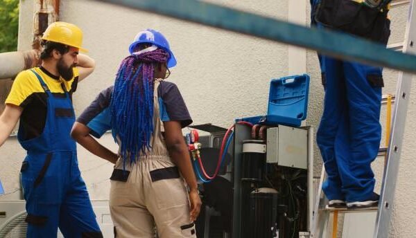 Three men in blue overalls and hard hats installing an air conditioner in a garage setting.
