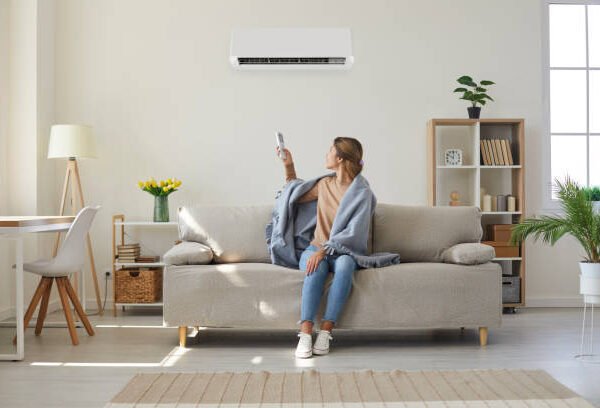 A woman sits on a couch, looking concerned in front of a white ac running but not cooling.