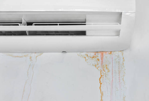 A white air conditioning unit with orange stains on the wall, suggesting it is leaking water.
