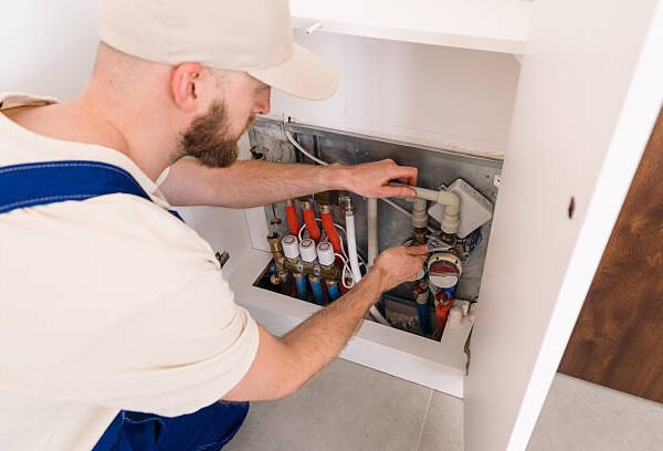 A man in overalls repairs a water heater, focusing on the air handler component.
