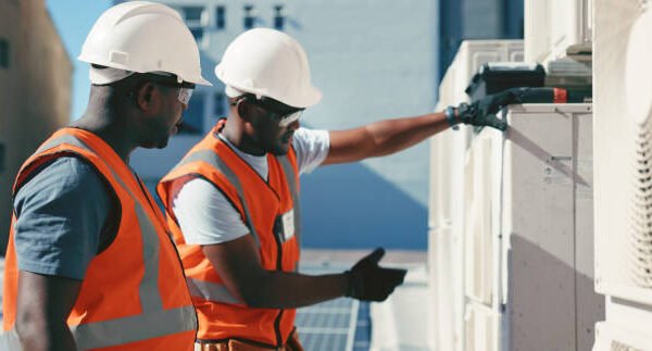 Two men in hard hats and vests servicing an air conditioner on a rooftop.