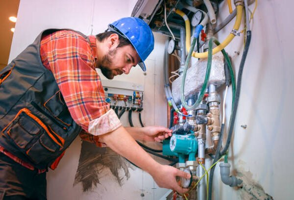 A man in a hard hat and vest repairs a water heater as part of a heating system maintenance task. 