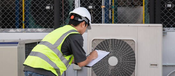 A man wearing a safety vest takes notes on a clipboard while conducting HVAC inspection services.