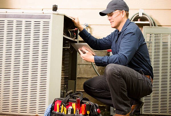 A man kneeling beside an air conditioner, inspecting it as part of HVAC repair work.