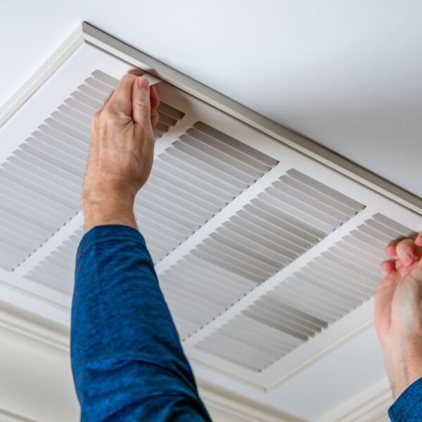 A person holds up a ceiling air conditioner, demonstrating its potential for air flow improvement in a home.