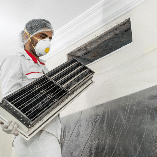A man in a white shirt and mask holds a metal grill, preparing for duct cleaning services.