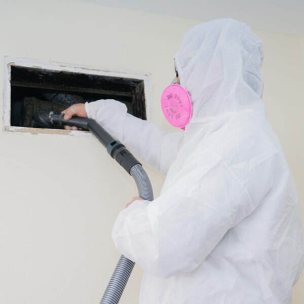 A person in a white protective suit vacuums a wall during duct cleaning. 
