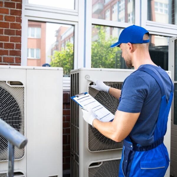 A man in blue overalls inspects a heat pump for an HVAC company, ensuring proper functionality and maintenance.