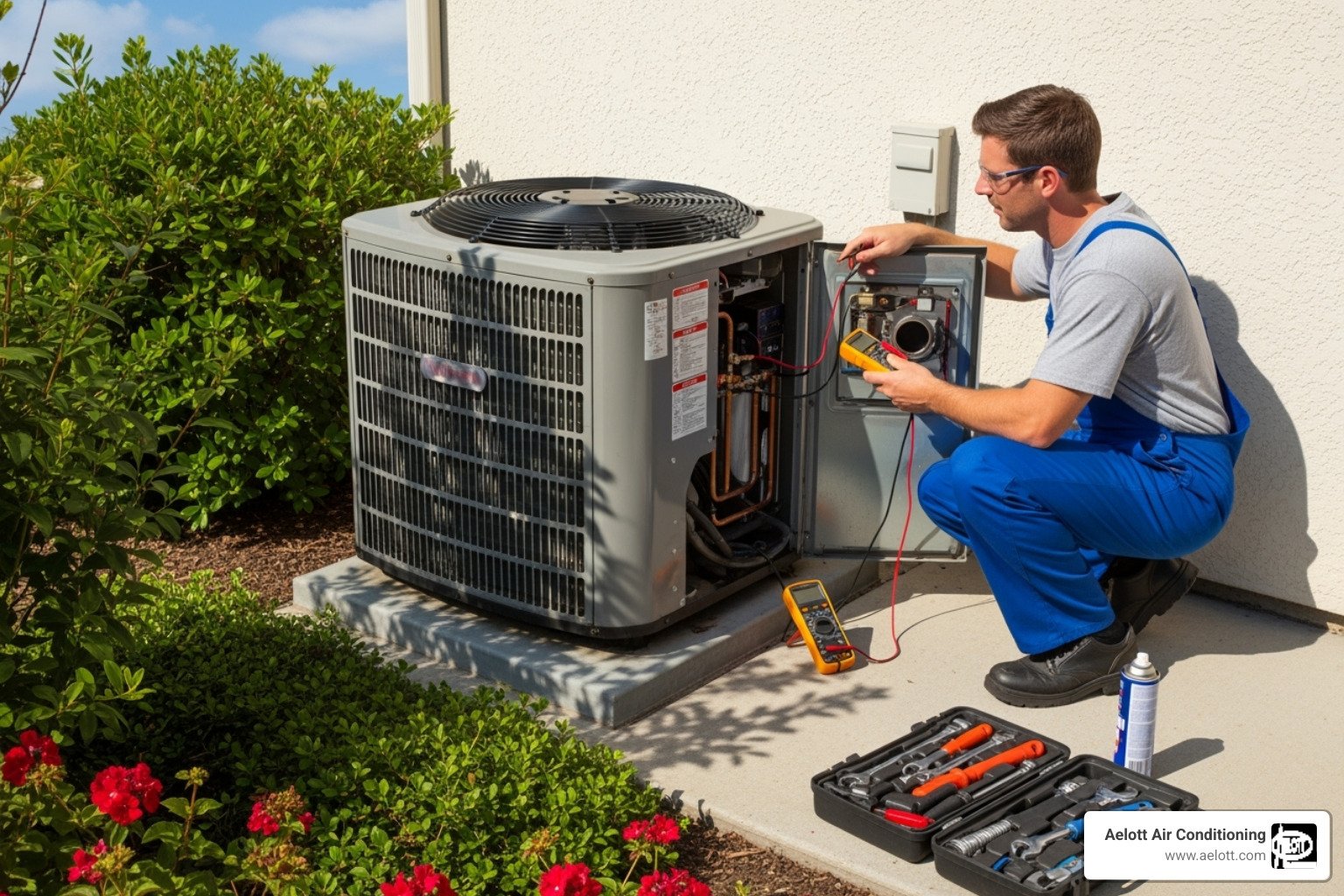 Experienced air conditioning contractor fixing AC compressor