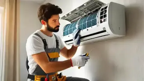 HVAC expert performing emergency AC repair service during hot weather