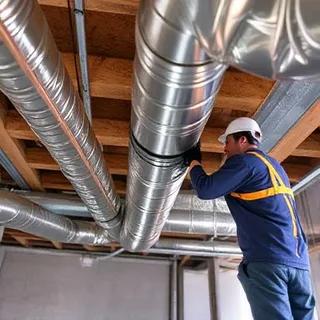 Professional technician securing a flexible silver tube during a duct installation