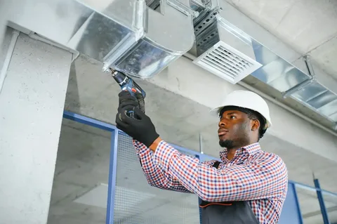 Is image mein ek HVAC technician hard hat aur safety gloves pehne hue power drill driver ki madad se ceiling metal air ductwork aur vent grilles ko install/secure kar raha hai. Yahan aapke main keyword Duct Installation ke sath 4 Alt Tags aur uske saath-saath social media/website ke liye Hashtags/Tags diye gaye hain: 📸 SEO Alt Tags Option 1 (Highly Recommended - Descriptive & Natural): alt="An HVAC technician using a power drill driver to secure overhead sheet metal air ducts during a professional Duct Installation
