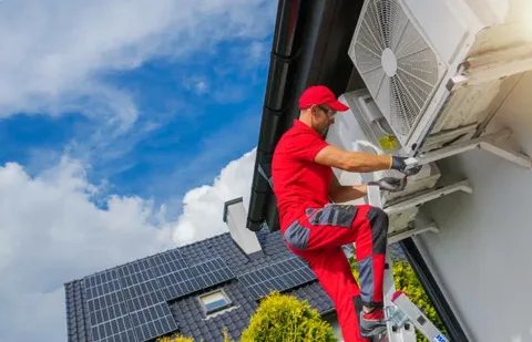 Technician crouching next to an outdoor AC unit, connecting equipment as part of a commercial HVAC installation procedure