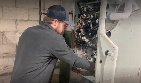 HVAC installation in progress on a residential rooftop with an installer utilizing manifold gauges and a blue vacuum pump tank
